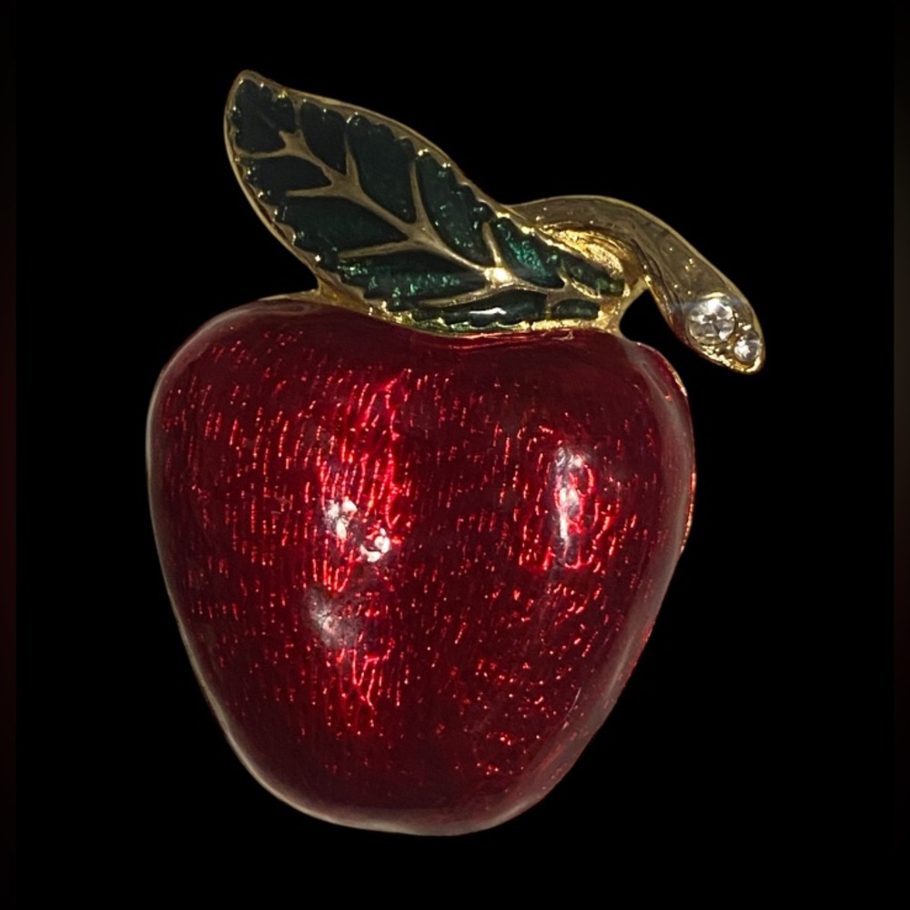 Vintage Gold Tone Red Enamel Forbidden Fruit Apple Brooch #7470 💋 ON SALE